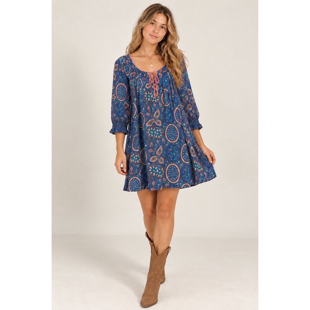 Natural Life Blue Paisley Boho Mini Dress Medium 3/4 Sleeve Smocked Cuffs Tie